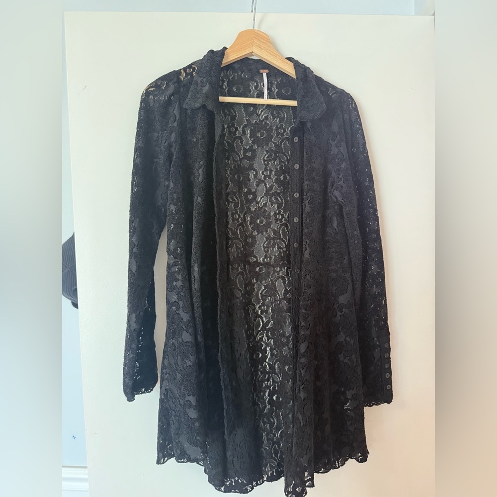 Free People Black Lace Button Down Shirt